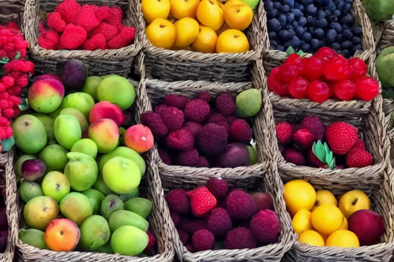 Prompt: three separate baskets of fruit, sorted by color