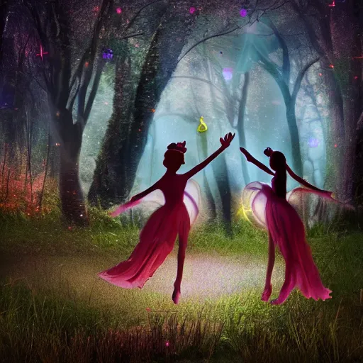 Prompt: Fairies dancing in the woods by full moon, realistic photo