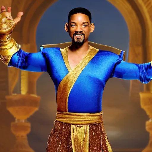 Image similar to will smith as the genie from alladin with a pistol, photo realistic, 8 k, detailed, will smith, alladin