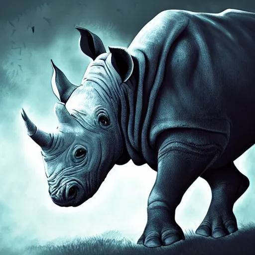 Prompt: rhino as a monster, fantasy art style, scary atmosphere, nightmare - like dream