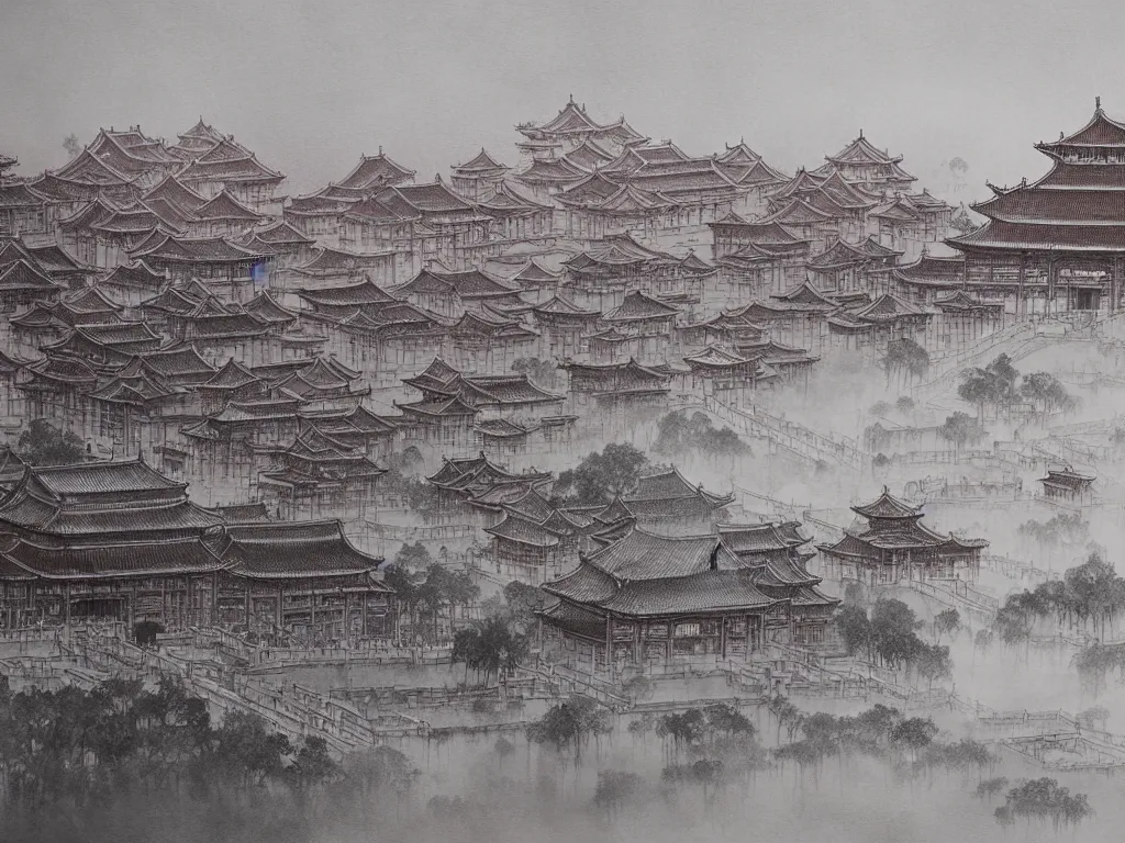 Prompt: forbidden city, highly detailed, cinematic landscape ， ink painting ， foggy