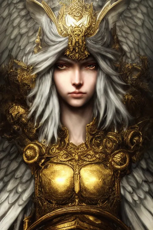 Prompt: portrait of an Angel, Dark Souls 3 themed, in style of Ruan Jia, insanely detailed and intricate, golden ratio, elegant, ornate, luxury, elite, matte painting, cinematic, cgsociety, James jean, Brian froud, ross tran, Laputa