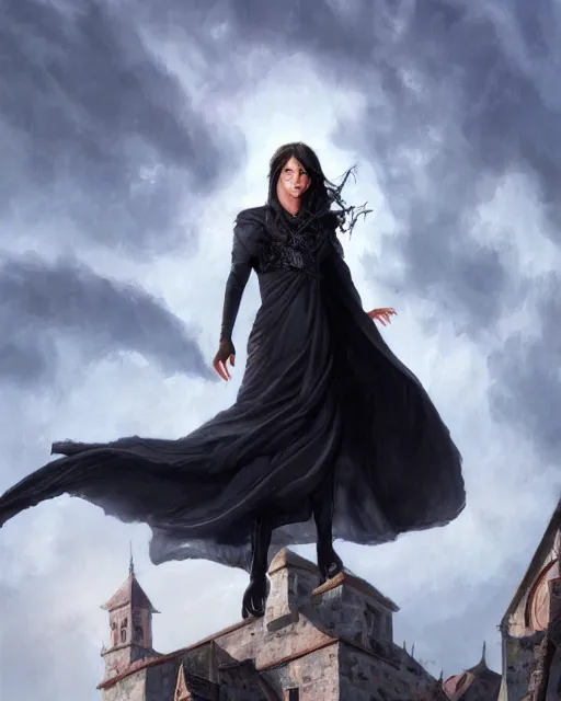 Prompt: close up portrait of lady vin from mistborn ascending to sky, waving the cape with long strips of fabric, wearing black tight clothing, medieval town landscape, detailed face, digital painting, trending on artstation by ted nasmith