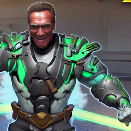 Image similar to a screenshot of arnold schwarzenegger as genji in overwatch, detailed, hyper realistic, award winning photo