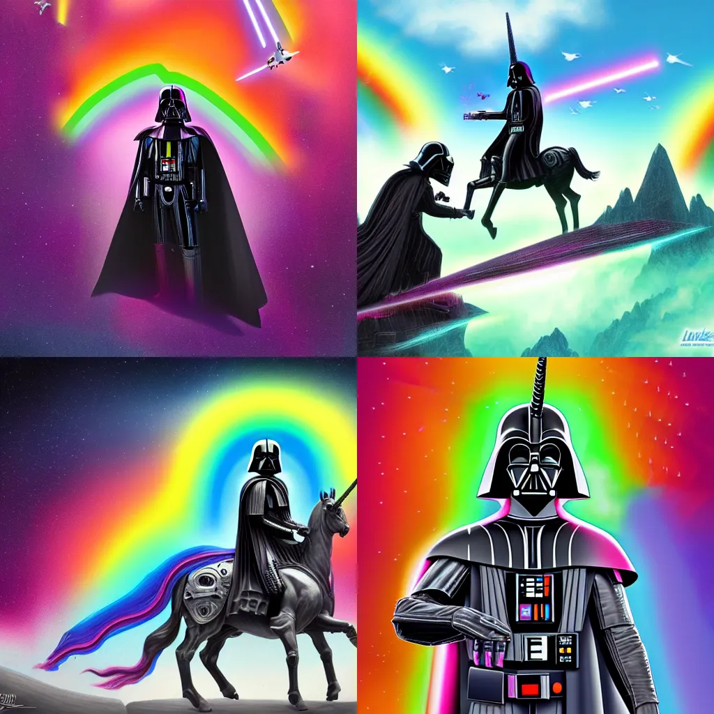 Prompt: highly detailed matte painting of rainbow colored darth vader riding a unicorn by dan mumford and lisa frank, unreal engine, concept art, trending on artstation