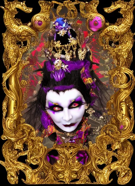 Image similar to baroque bedazzled gothic royalty frames surrounding a pixelsort emo demonic horrorcore japanese jester harlequin doll, low quality sharpened graphics, remastered chromatic aberration