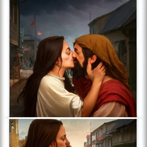 Image similar to jesus kissing a woman in a street, elegant, highly detailed, digital painting, artstation, concept art, matte, sharp focus, highly detailed, 4 k, hdr, smooth, sharp focus, high resolution, award - winning photo, photorealistic, art by artgerm and greg rutkowski and alphonse mucha, large shot