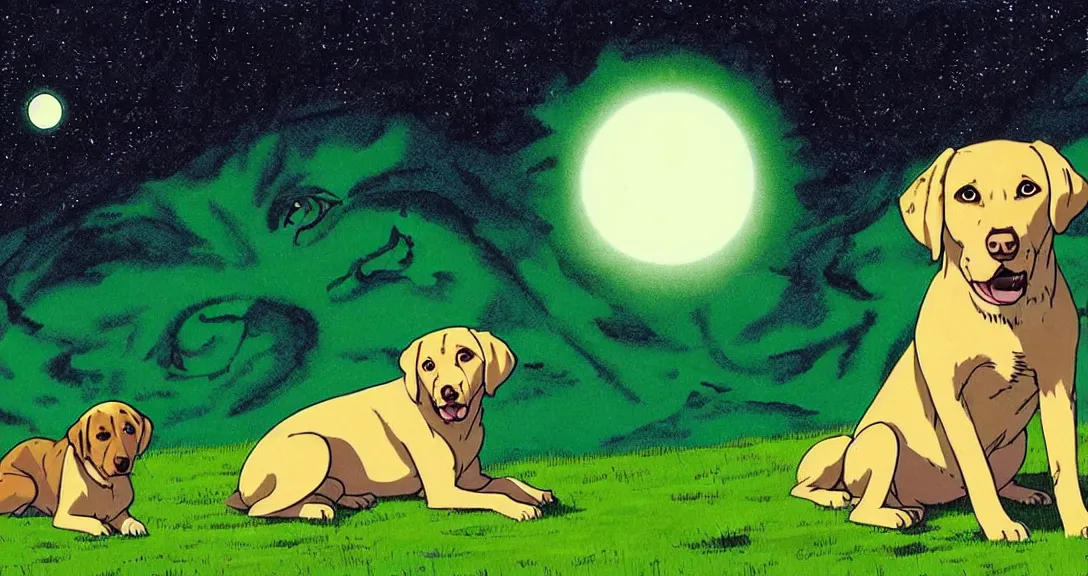 Prompt: green dogs with three eyes that are a genetic mix of grass and labrador retriever with shaggy ( ( ( ( green fur ) ) ) howl at the alien moons from the grassy cliff, dog with 3 eyes, yellow glowing eye in the middle of the dog's forehead, colorful, deep shadows, astrophotography, very detailed, prophet graphic novel, cinematic studio ghibli still, ilya