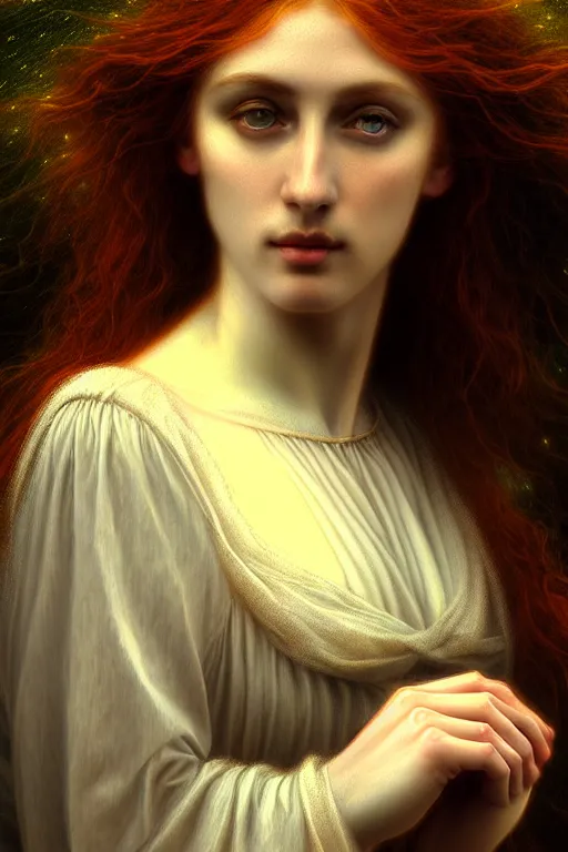 Prompt: gentle muse - priestess of the pre - raphaelites, complex, highly detailed, art station, illustration, jurgens, rutkovsky, bugro, volumetric dynamic lighting, highly detailed, cinematic lighting