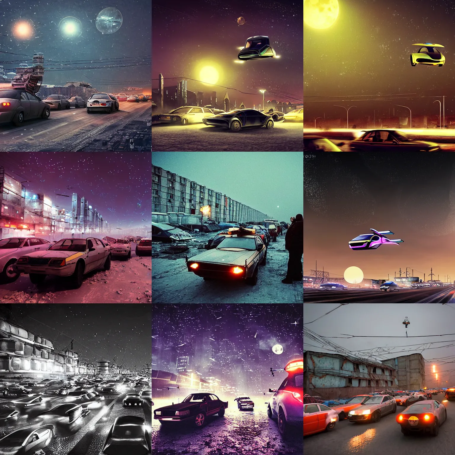 Prompt: flying cars in a traffic jam in a Russian cyberpunk slum city called Neo Norilsk on the Moon, at night, diverse, lively, black sky full of stars, blinding sun, sci-fi, lots of flying cars, levitation, cyberpunk outfits, photorealistic, grainy, 35mm, intricate, very very beautiful, elegant, smooth, cinematic, Unreal Engine 5, by Beeple, trending on Artstation HD