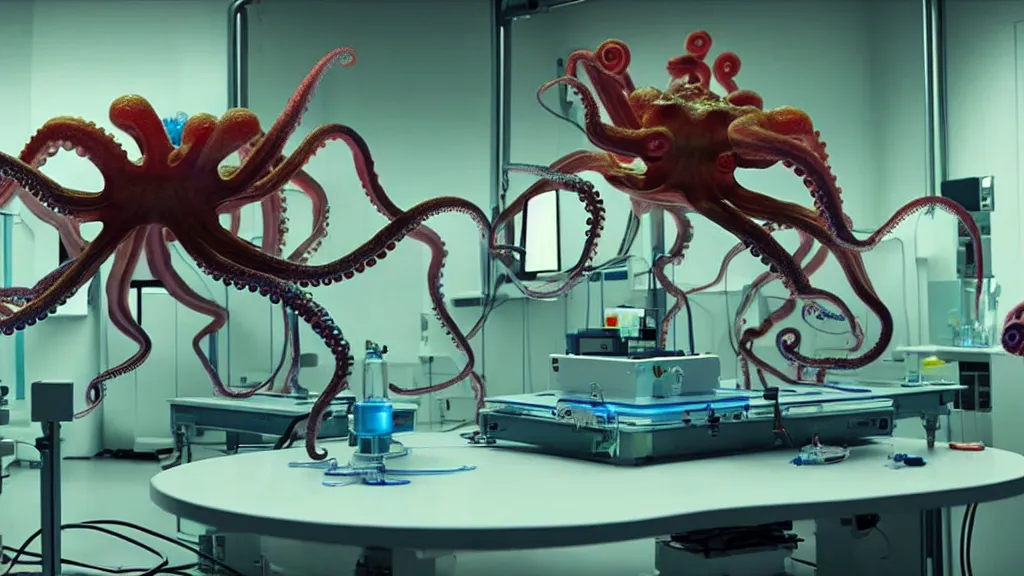 Image similar to a complex mri 3 d printer machine making colorful mutant octopus forms and control panels in the laboratory inspection room, film still from the movie directed by denis villeneuve with art direction by salvador dali, wide lens