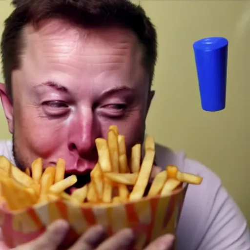 Prompt: a man eating crayons like french fries, elon musk, 4 k, high quality, crayon commercial