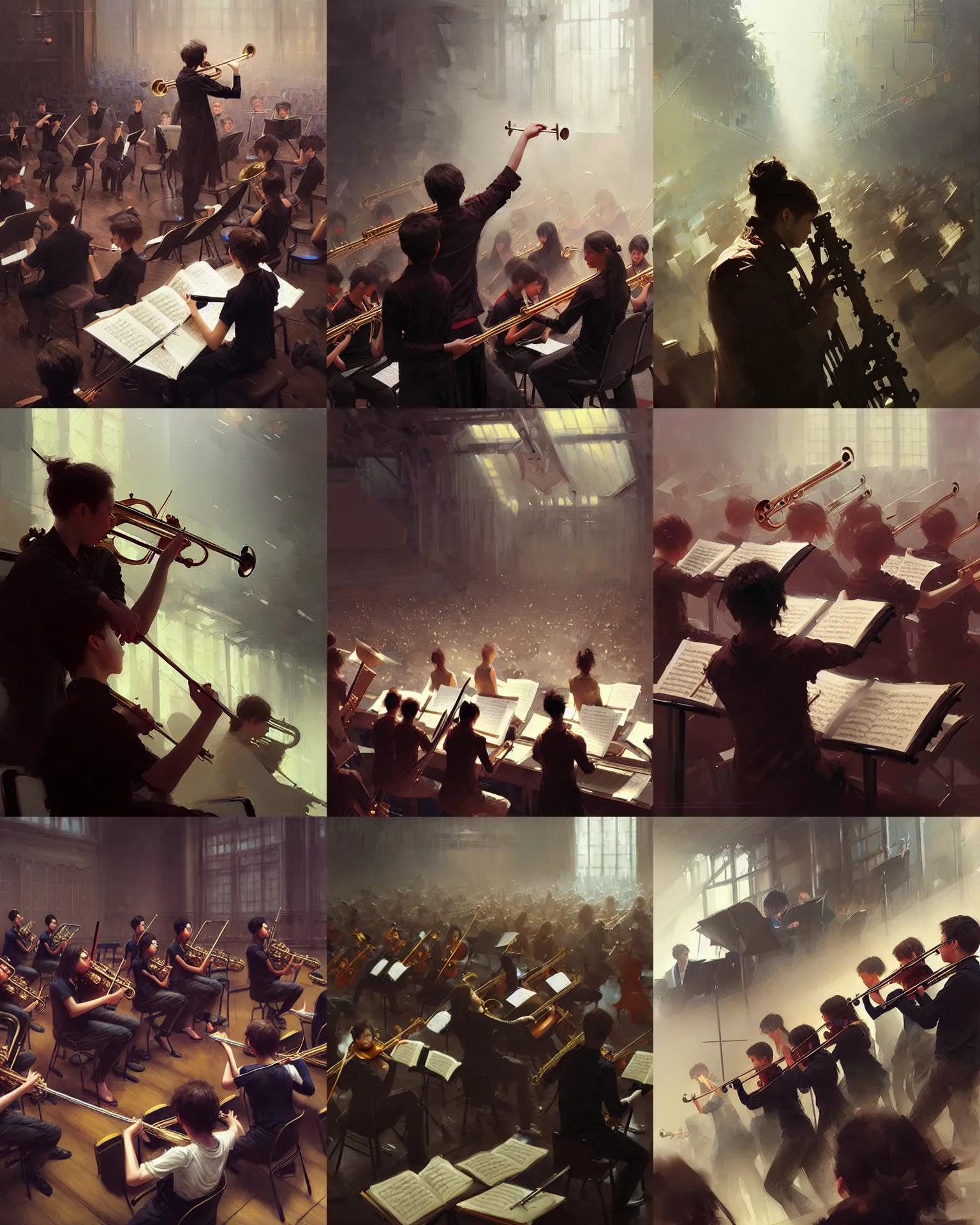 Prompt: high school concert band orchestra practice afternoon, intricate, sharp focus, illustration, highly detailed, digital painting, concept art, matte, art by ruan jia and wlop and greg rutkowski, masterpiece