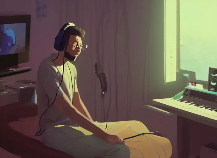 Image similar to man with headphones at his home studio producing music late at night, very detailed, 4 k, cory loftis, james gilleard, atey ghailan, makoto shinkai, goro fujita, studio ghibli, rim light, exquisite lighting, clear focus, very coherent, masterpiece