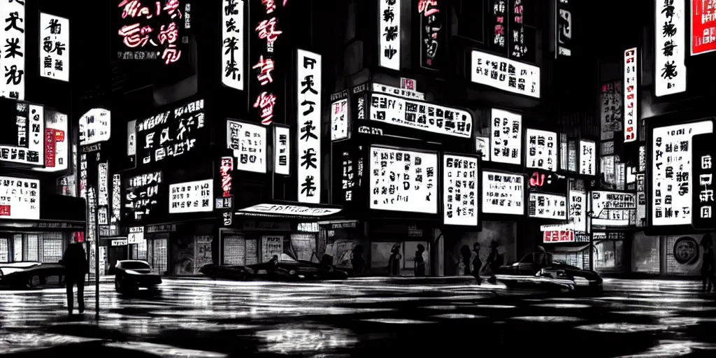 Image similar to Noir Cyberpunk Tokyo with neon signs in Japanese in Monochrome. Symbolism, Detailed Art, 8K, Epic, Dynamic Light.