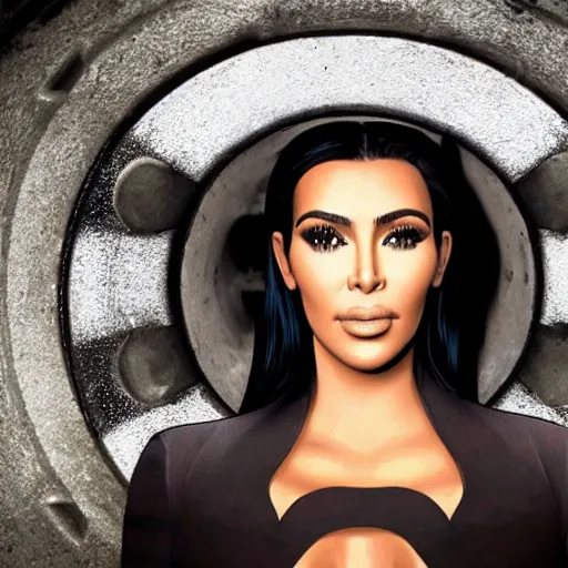 Image similar to photo of kim kardashian trapped inside a sewer grate