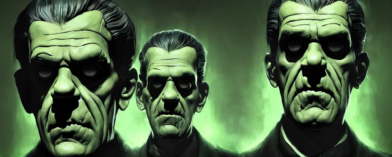 Image similar to duotone noir dark ghastly green concept illustration 3 / 4 portrait of boris karloff as frankenstein. cinematic scene film noir. volumetric lighting. golden rario accidental renaissance. by sachin teng and sergey kolesov and ruan jia and heng z. graffiti art, scifi, fantasy, hyper detailed. octane render. concept art. trending on artstation