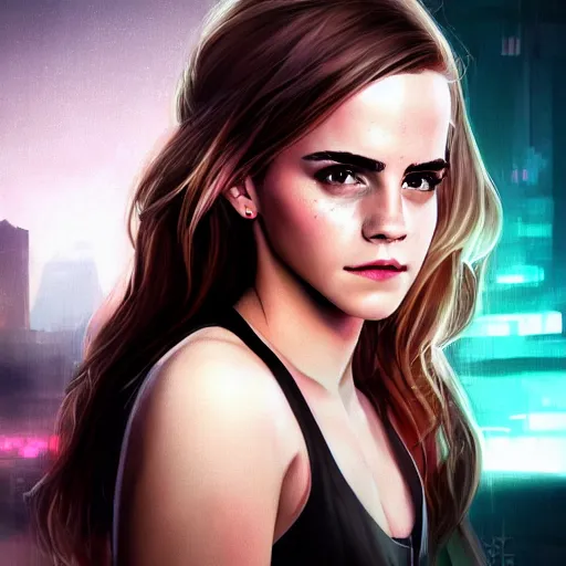 Prompt: Portrait of Emma Watson, the background is a huge futuristic city, cyberpunk style futuristic neon lights, artstation cgsociety masterpiece highly-detailed