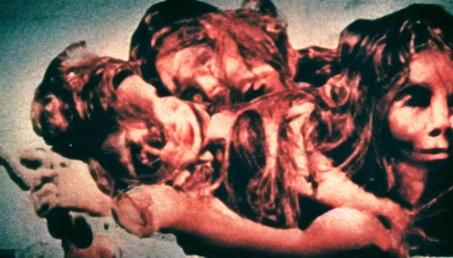 Image similar to 7 0 s film still from a horror movie featuring adult conjoined twins, kodachrome, cinecolor, cinestill, photorealism, cinematic, film grain, film texture, vhs recording