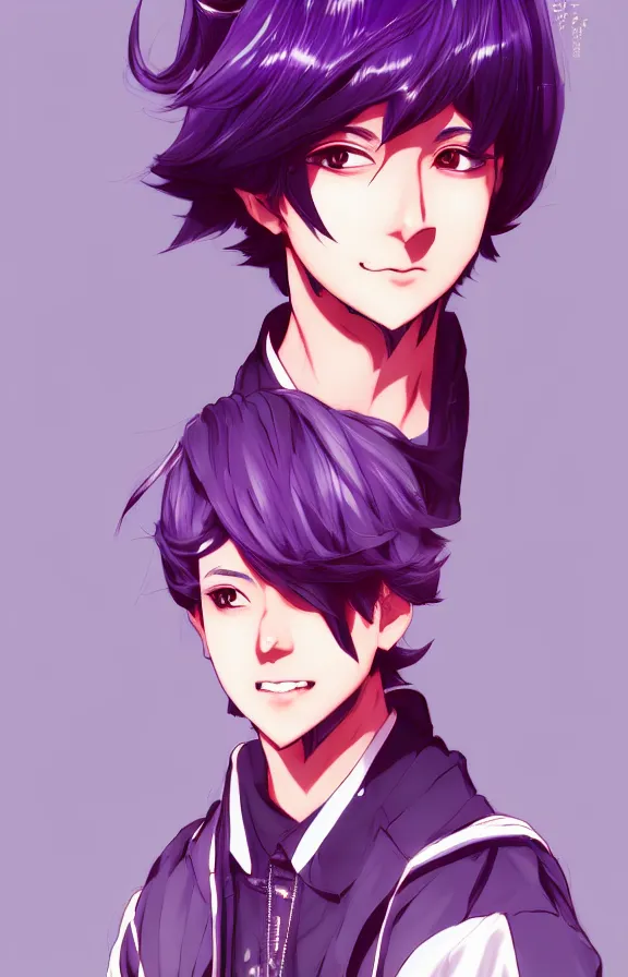 Prompt: character design of Anthony himemiya as a college student, short purple hair, desi girl, tokyo fashion, detailed anime character art, tomboy, concept art, portrait, japanese streetwear, dramatic pose, shoujo manga character design, character art, urban, vibrant, highly detailed, full body, Akihiko Yoshida