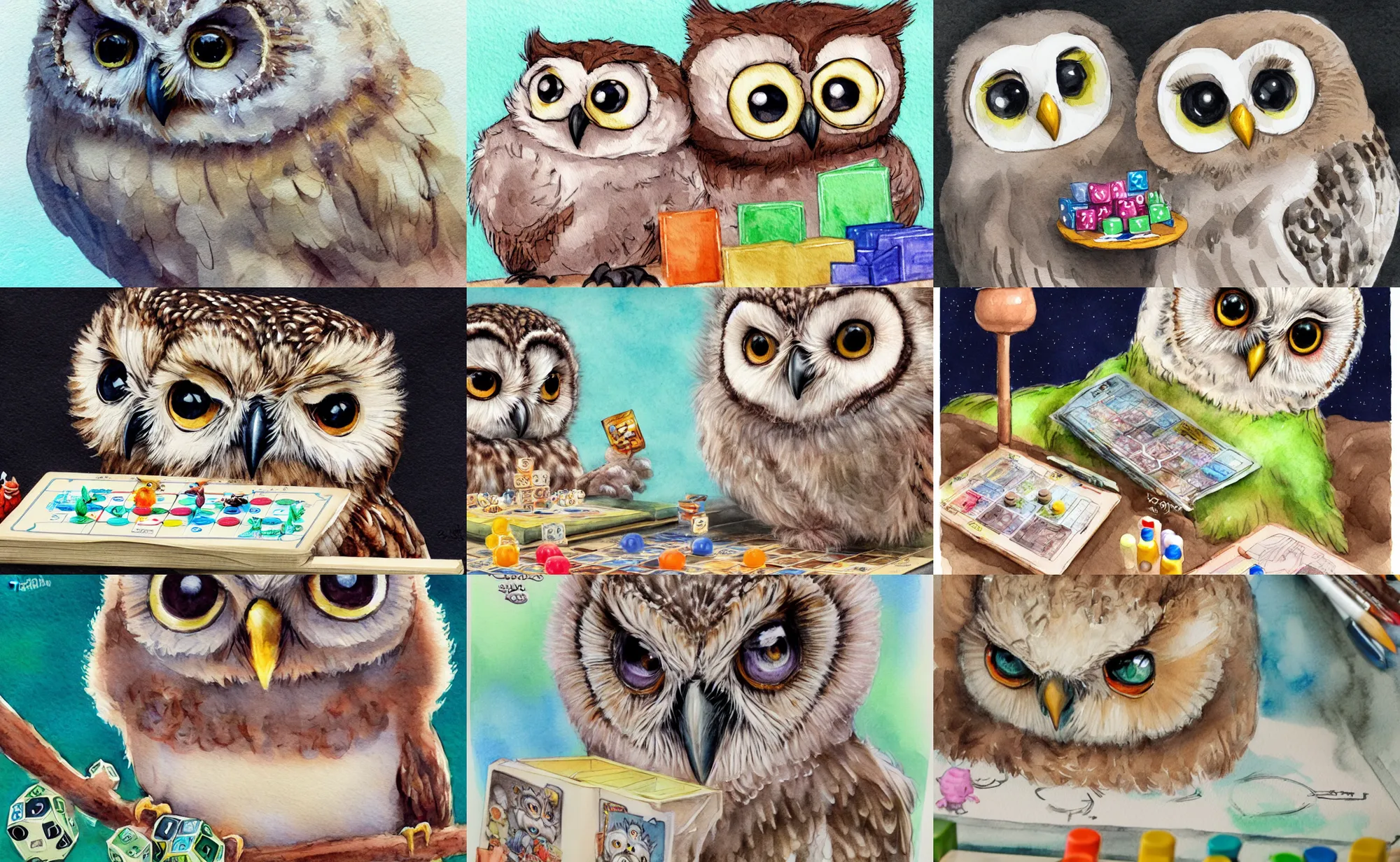 Prompt: cute fluffy baby owl playing board games, children's book watercolor drawing, close-up, trending on artstation, highly detailed, concept art, illustration by Tony DiTerlizzi