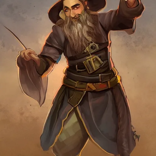 Prompt: Tarski Fiume, timid half-elf Time Wizard with short brown hair and a beard, iconic character art by Wayne Reynolds for Paizo Pathfinder RPG