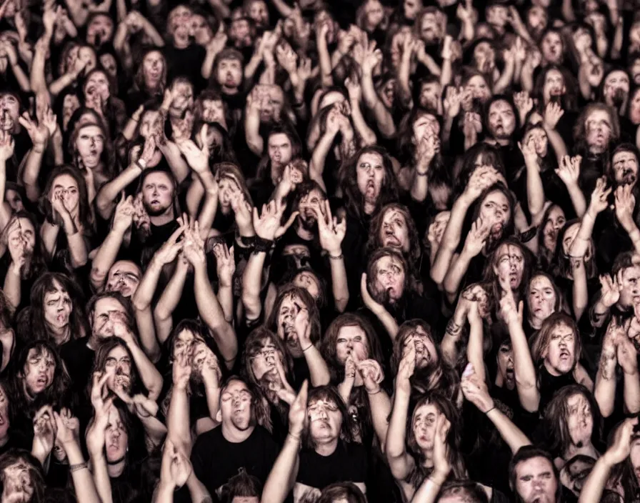 Image similar to extreme close-up photo of the audience at a heavy black metal concert having their faces melted off by heavy black metal music