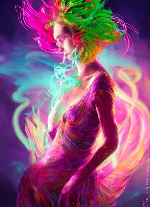 Image similar to psychedelic [ chemiluminescence ] [ [ [ smiling ] ] ] dancing elegant woman chakra spirit with pink hair smoke and fluid dynamics, colorful, psychedelic, ornate, intricate, digital painting, concept art, smooth, sharp focus, illustration, blacklight reacting, art by artgerm and greg rutkowski