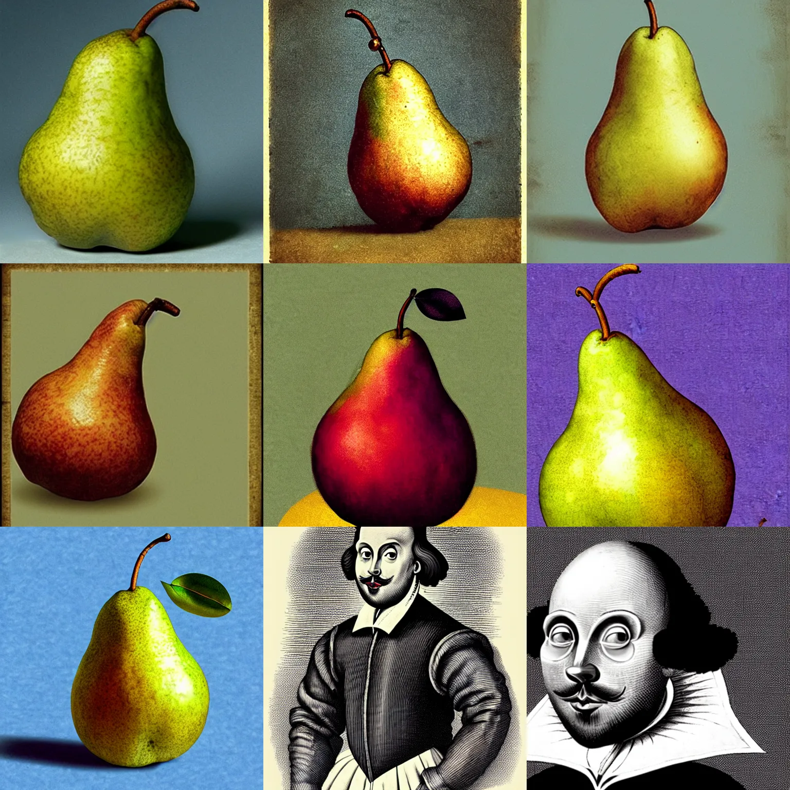 Prompt: a pear as william shakespeare