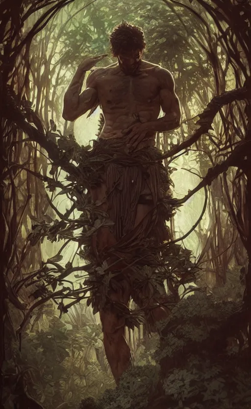 Image similar to god of the forest, 3 0 years old, rugged, handsome, male, detailed face, clean lines, atmospheric lighting, amazing, full body, thighs, flowers, muscular, intricate, highly detailed, digital painting, deviantart, concept art, sharp focus, illustration, art by greg rutkowski and alphonse mucha