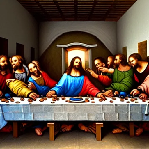 Image similar to a splay-paint graffiti art of The Last Supper by Da Vinci