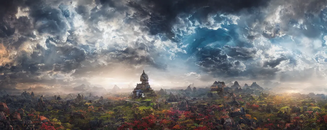 Prompt: beautiful beautiful beautiful beautiful landscape of the psychedelic planet from another dimension, edo, yin yang, panorama, cinematic lighting, puffy clouds, necropolis, temples, by Ivan Aïvazovski, light rays, light simulation, masterpiece, volumetric lighting