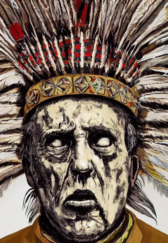 Image similar to close up portrait of zombie Pope Francis wearing a Native American Indian Feathered Headdress War Bonnet, dead redemption, by Julie Mehretu