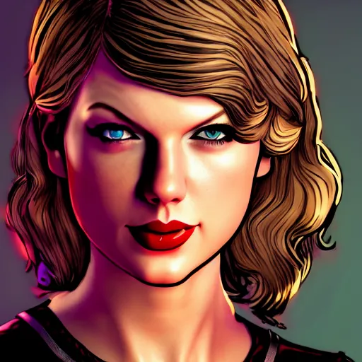 Image similar to taylor swift portrait, borderlands, tales from the borderlands, the wolf among us, comic, cinematic lighting, studio quality, 8 k