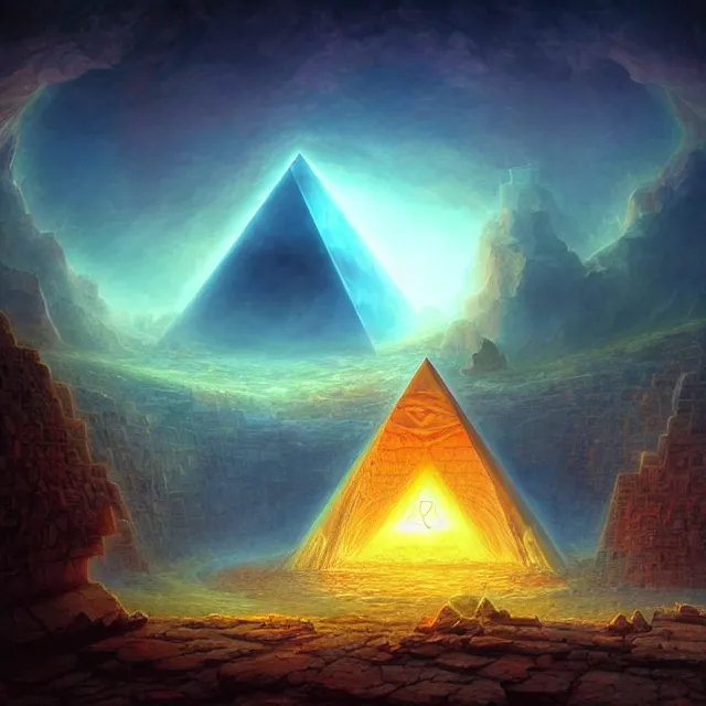 Image similar to the illuminati eye opening up from inside a pyramid, a fantasy magical landscape seen in the distance, atmospheric lighting, intricate, volumetric lighting, beautiful, sharp focus, ultra detailed, in the art style of marc simonetti, bowater charlie and brom gerald, astrophotography