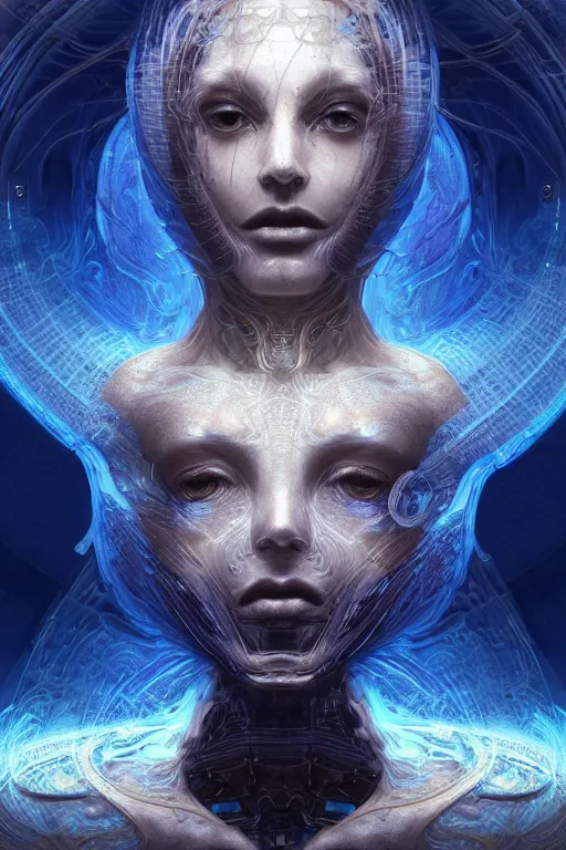 Image similar to a render of an ancient futuristic ethereal being with digital modifications surrounded by a underwater ink pour and flowing liquid gallium and complex sacred geometry, powerful, cinematic, beautifully lit, perfect face, by john howe, by beeple, by artgerm, by karol bak, by brian froud, 3 d, trending on cgsociety, octane render, 8 k