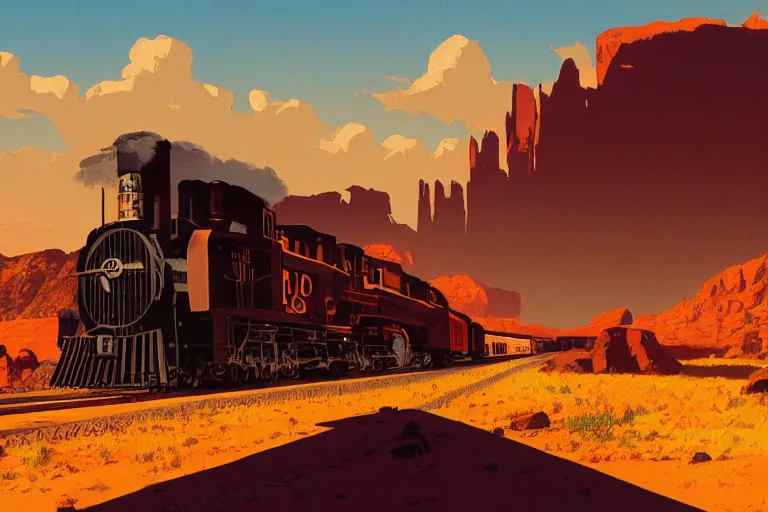 Image similar to idyllic old western train station illustration by syd mead, artstation, 4 k, graphic novel, concept art, matte painting, steam engine, beautiful mountain desert sunset background, golden hour