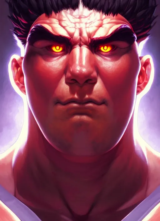 Image similar to symmetry!! portrait of evil ryu, street fighter iv, global illumination!! intricate, elegant, highly detailed, digital painting, artstation, concept art, smooth, sharp focus, illustration, art by artgerm and greg rutkowski and alphonse mucha