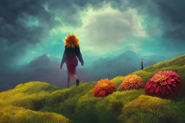 Image similar to giant dahlia flower as a head, girl walking on mountain, surreal photography, stars, dramatic light, impressionist painting, storm clouds, digital painting, artstation, simon stalenhag