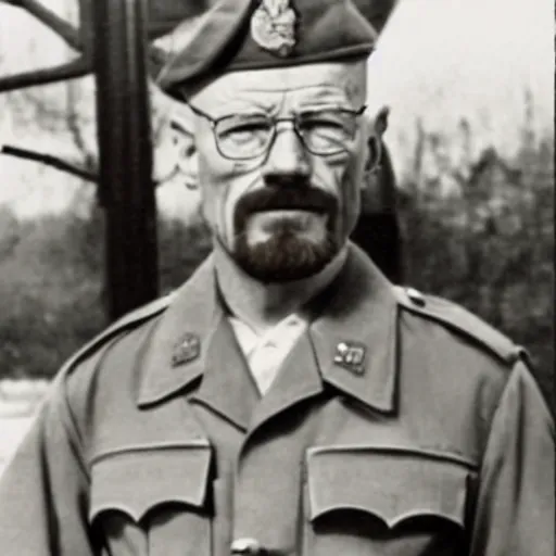 Prompt: Walter white as a soldier in ww2, grainy photo