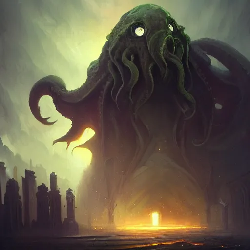 Prompt: gigantic cthulhu, size comparsion, small city, dramatic lighting, chiaroscuro, high detail, painted by greg rutkowski, painted by igor kieryluk, painted by bobby chiu, trending on artstation