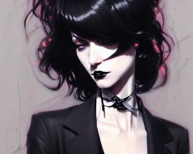 Prompt: a ultradetailed beautiful portrait panting of a stylish goth woman, wearing a shirt with a tie, dramatic, she has black hair, fashion, by hajime sorayama, makoto shinkai, greg rutkowski and conrad roset, trending on artstation