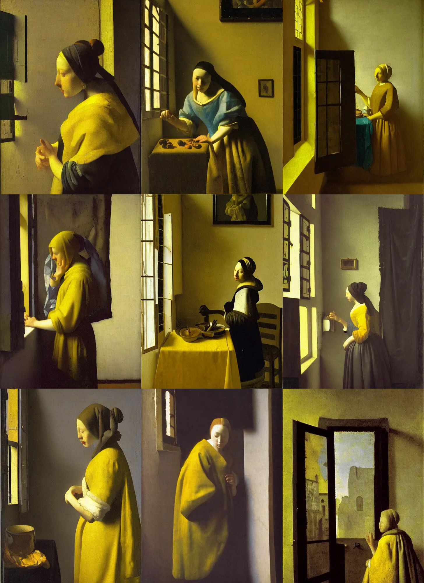 Prompt: out of foucus woman at the window by johannes vermeer, very blurry, yellowish greenish pale fog, a dark mass of smoke from below