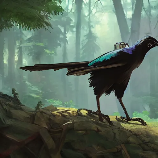 Prompt: concept art painting of an anthropomorphic humanoid steampunk crow, in the deep forest, realistic, detailed, cel shaded, in the style of makoto shinkai and greg rutkowski and james gurney