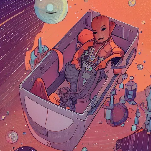 Image similar to baby groot lies flat in bed the space ship, by victo ngai