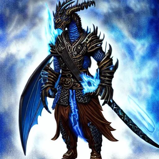 Image similar to a dark blue dragonborn with large tusks, half of his face flaming with blue flame, he wears a black dragon scales armor, large black boots and brown pants, digital art