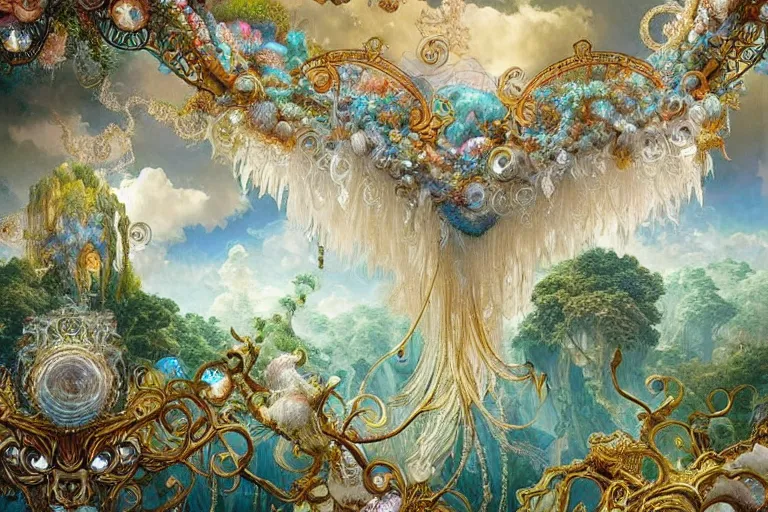 Prompt: a huge flock of many ornate intricate puffy filigreed clouds tangled into large whirling ultra detailed crystal specimens, art nouveau jungle environment, playful, award winning art, epic dreamlike fantasy landscape, ultra realistic,