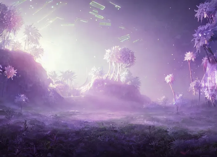 Image similar to scenery artwork, scene luminous, bioluminescent acrylic and cold nier automata pixiv scenery artwork : nature dream wire vegetation magic density infinite, macro seminal dream points of icy, frozen vaporwave shards tempted to turn into a dream scenery, high quality topical render, nier automata, concept art