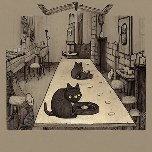 Image similar to cat restaurant, in da vinci style, trending on artstation