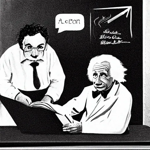 Prompt: a cat on writing with chak on a blackboard, teaching albert einstein his special theory of relativity